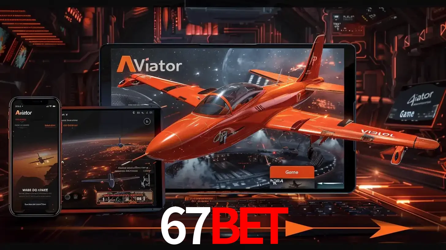 Apresentação tecnológica do jogo Aviator com um avião saindo da tela de um tablet, demonstrando a experiência imersiva em múltiplos dispositivos no 67BET.