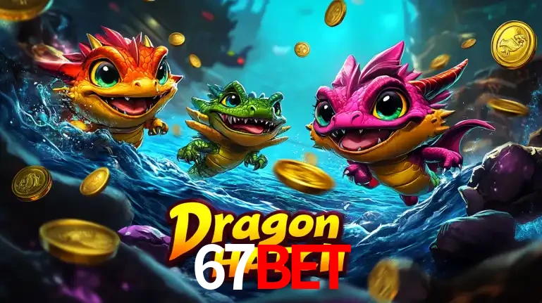 Arte promocional do jogo Dragon Hatch com três adoráveis dragões bebês nadando entre moedas de ouro, um dos slots mais divertidos para jogar no cassino 67BET.