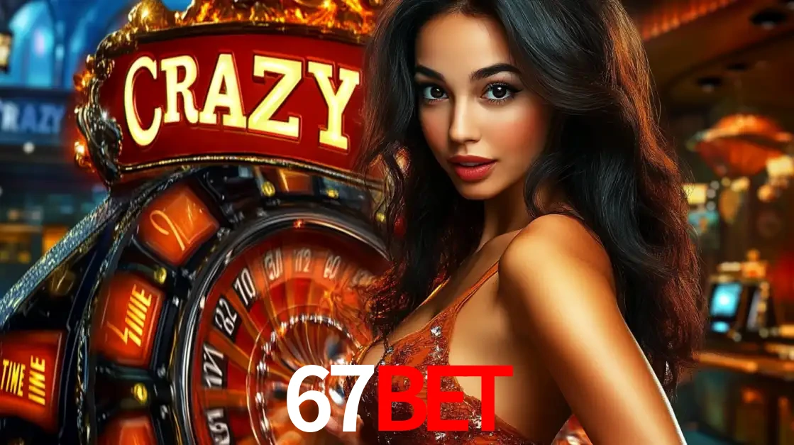 Mulher glamourosa olhando para a câmera com a roda vermelha do Crazy Time ao fundo em um ambiente de cassino, destacando a emoção dos jogos ao vivo no 67BET.