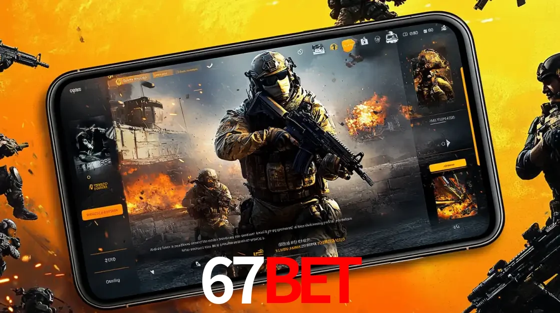Um smartphone exibindo a interface de um jogo de tiro em primeira pessoa, com um soldado em um cenário de batalha, representando a ação dos e-sports para apostar no 67BET.