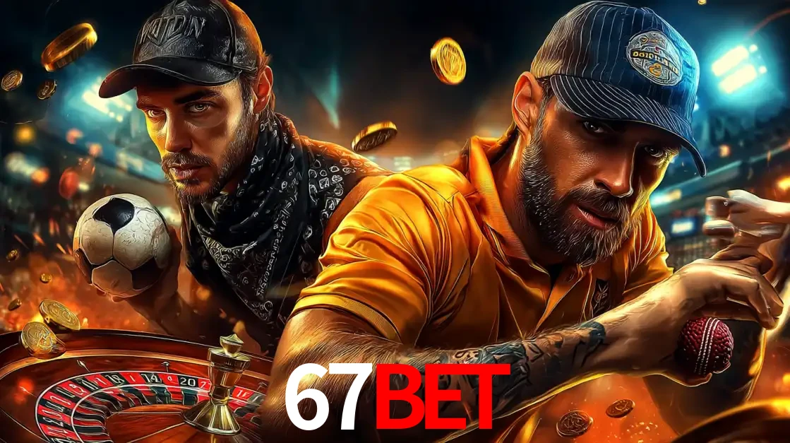 Montagem de apostas esportivas e cassino no 67BET, com um homem segurando uma bola de futebol e outro uma de beisebol sobre uma roleta e moedas voadoras.
