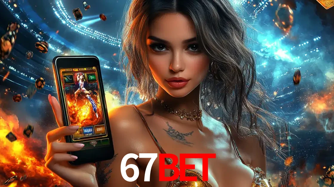 Mulher segurando um celular com um jogo de slot em destaque, tendo como fundo um estádio vibrante, simbolizando a emoção de jogar no cassino móvel 67BET.