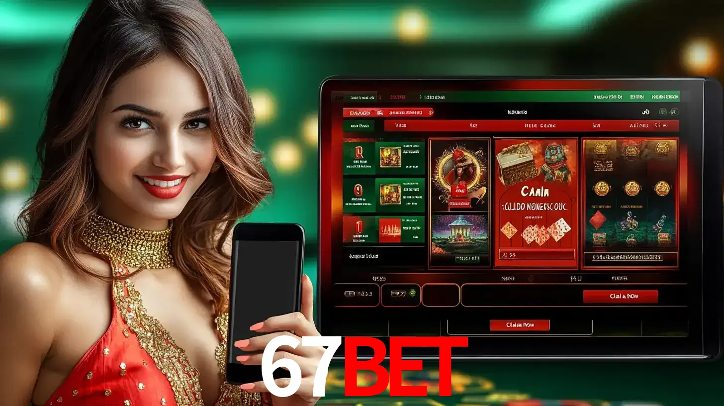 Mulher sorridente segurando um smartphone, ao lado de uma tela exibindo o lobby de jogos do cassino online 67BET, com várias opções de jogos de cartas e slots.